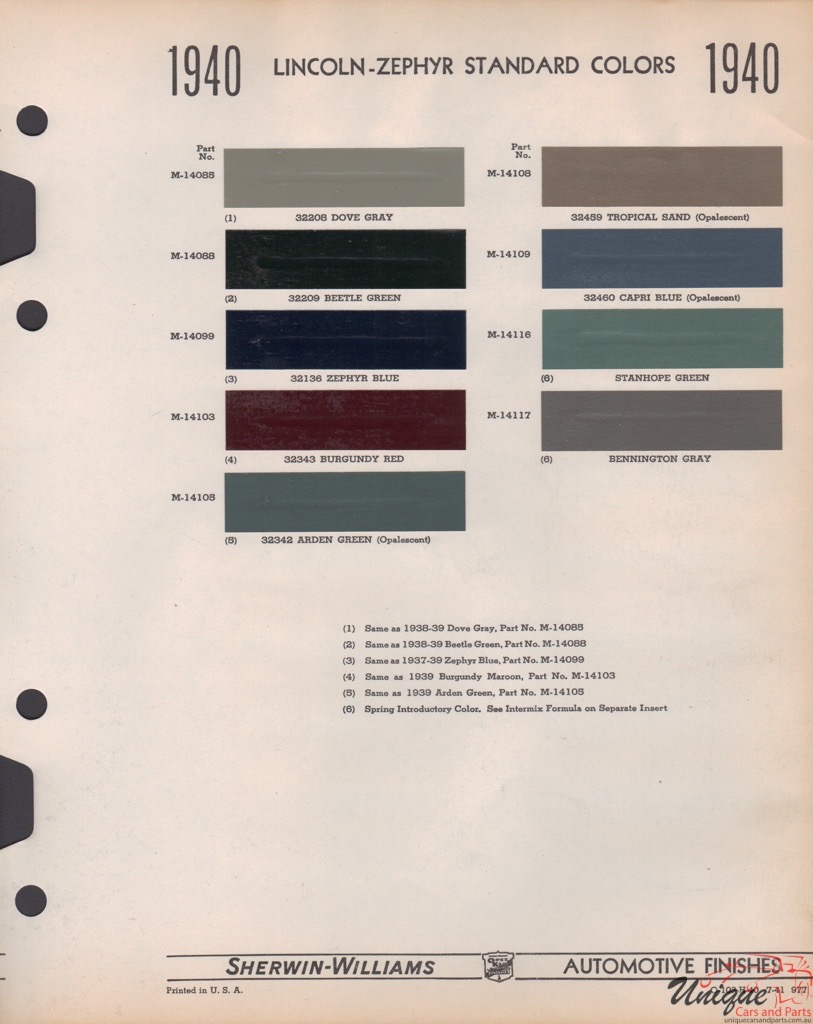 1940 Lincoln Paint Charts Williams 1
